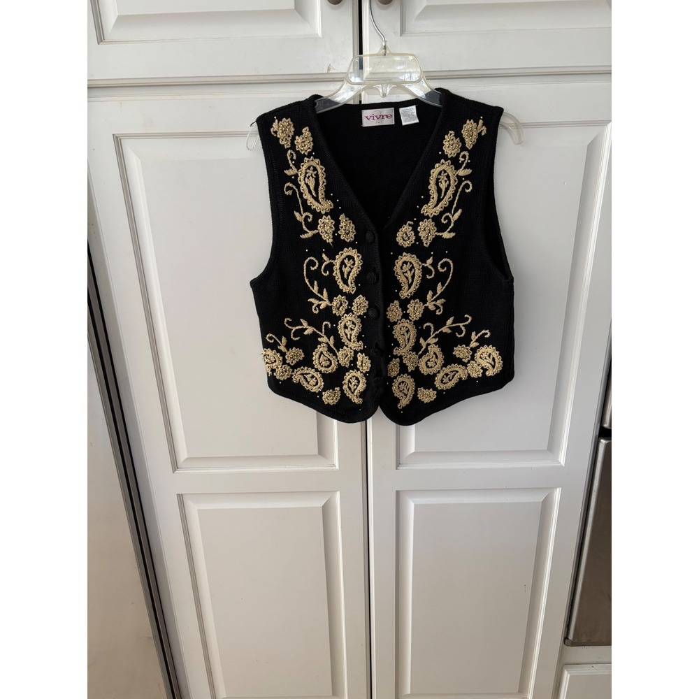 Vivre Vintage Black Knit‎ Vest Gold Paisley Embroidery Beaded Ramie Cotton Small